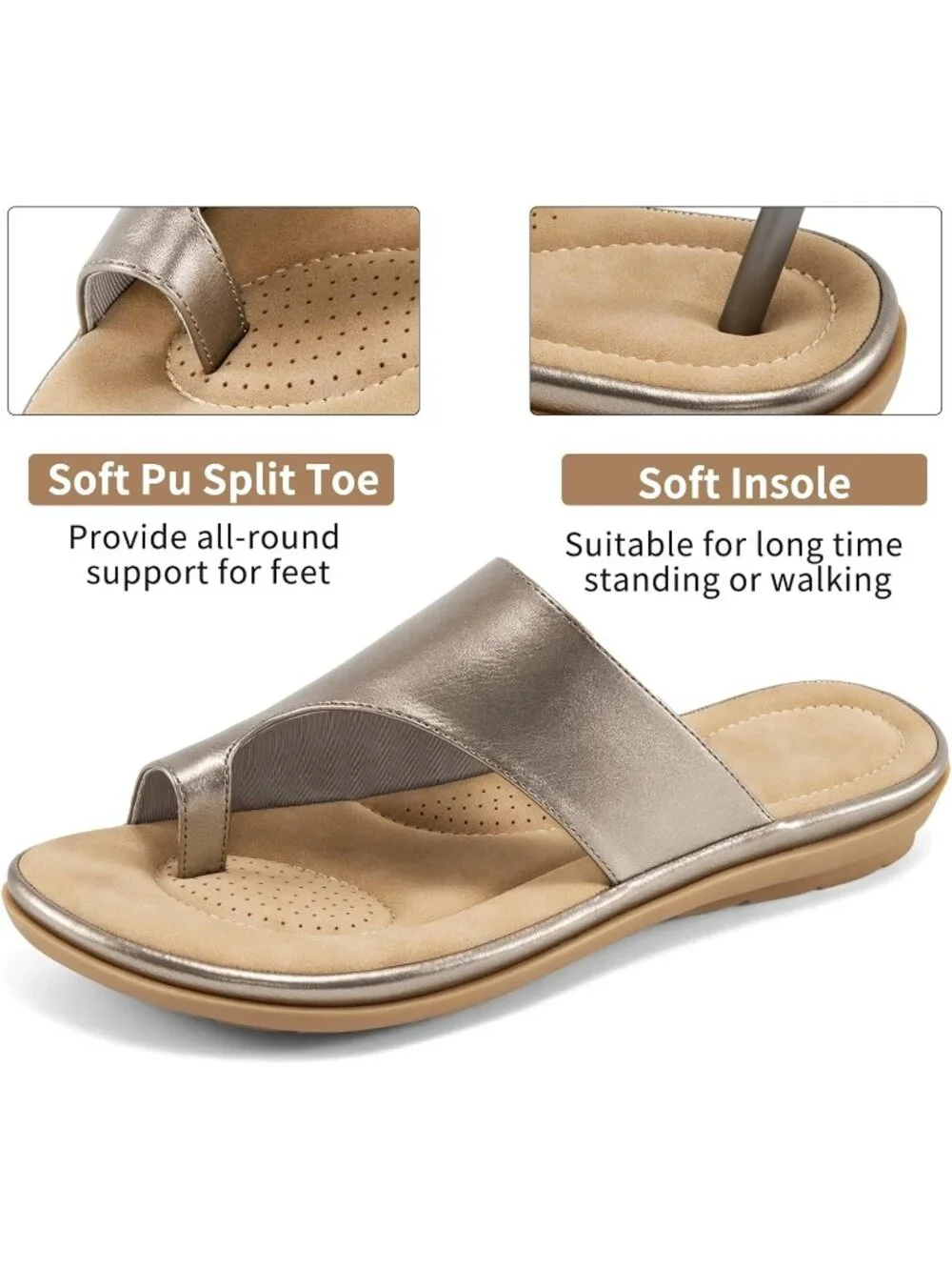 Women's Silver Flat Sandals Comfortable Walking Dressy Slides Casual Shoes